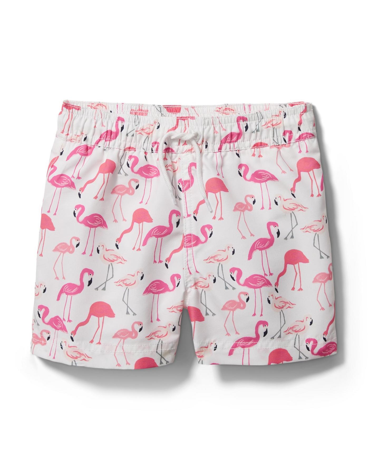 twin matching swimwear, flamingo swim trunks