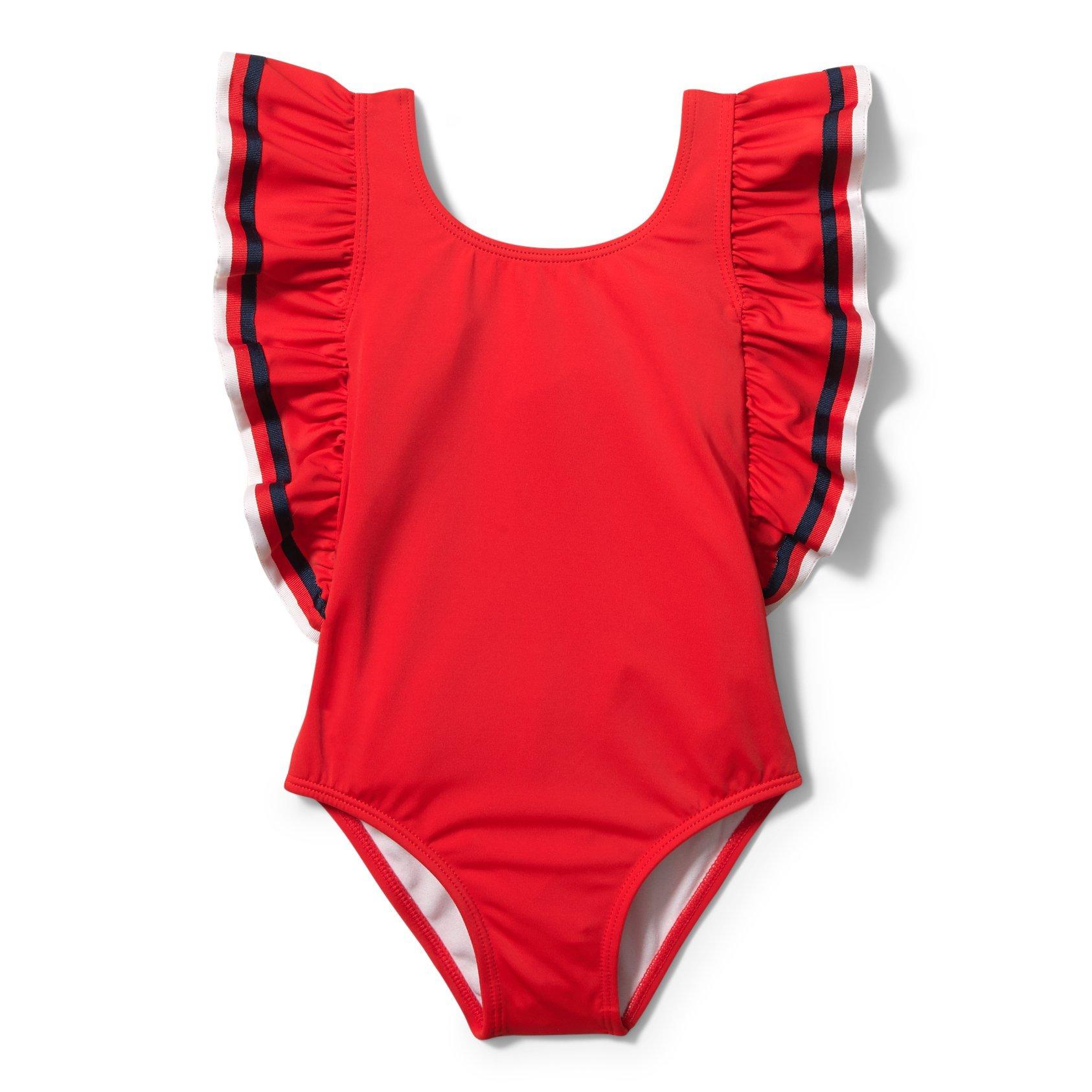 boy and girl swimwear, red flutter sleeve swimsuit one-piece