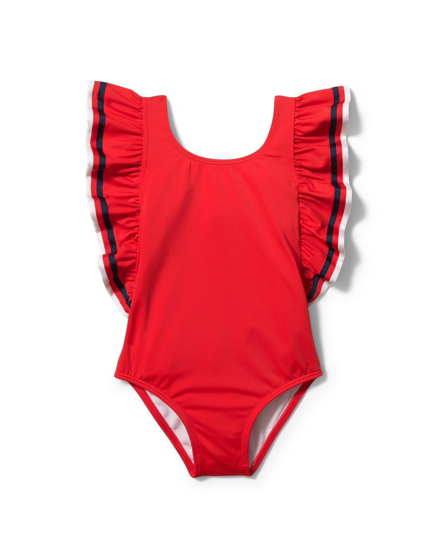 boy and girl swimwear, red flutter sleeve swimsuit one-piece