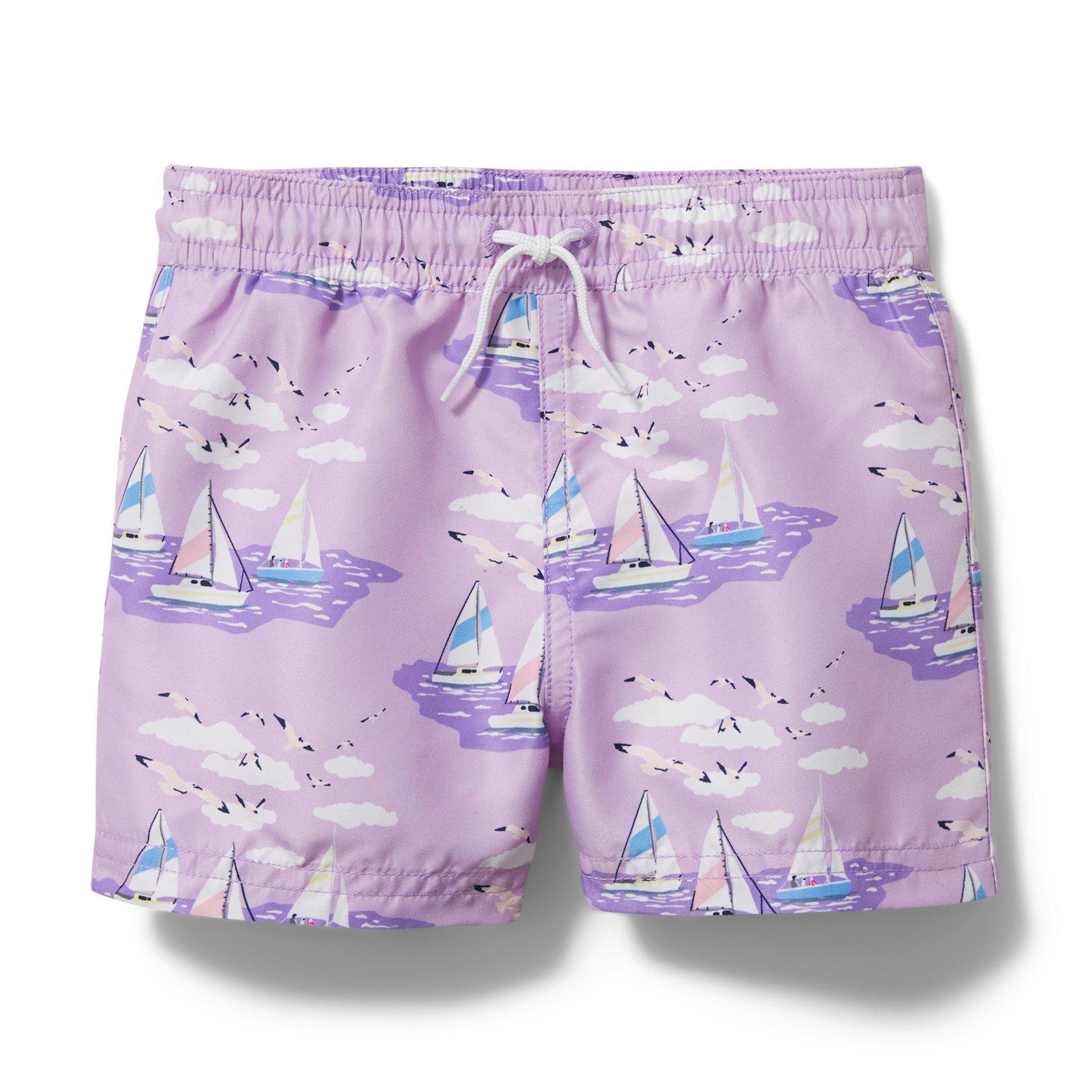 twin boy and girl matching swimsuits, purple sailboat swim trunk