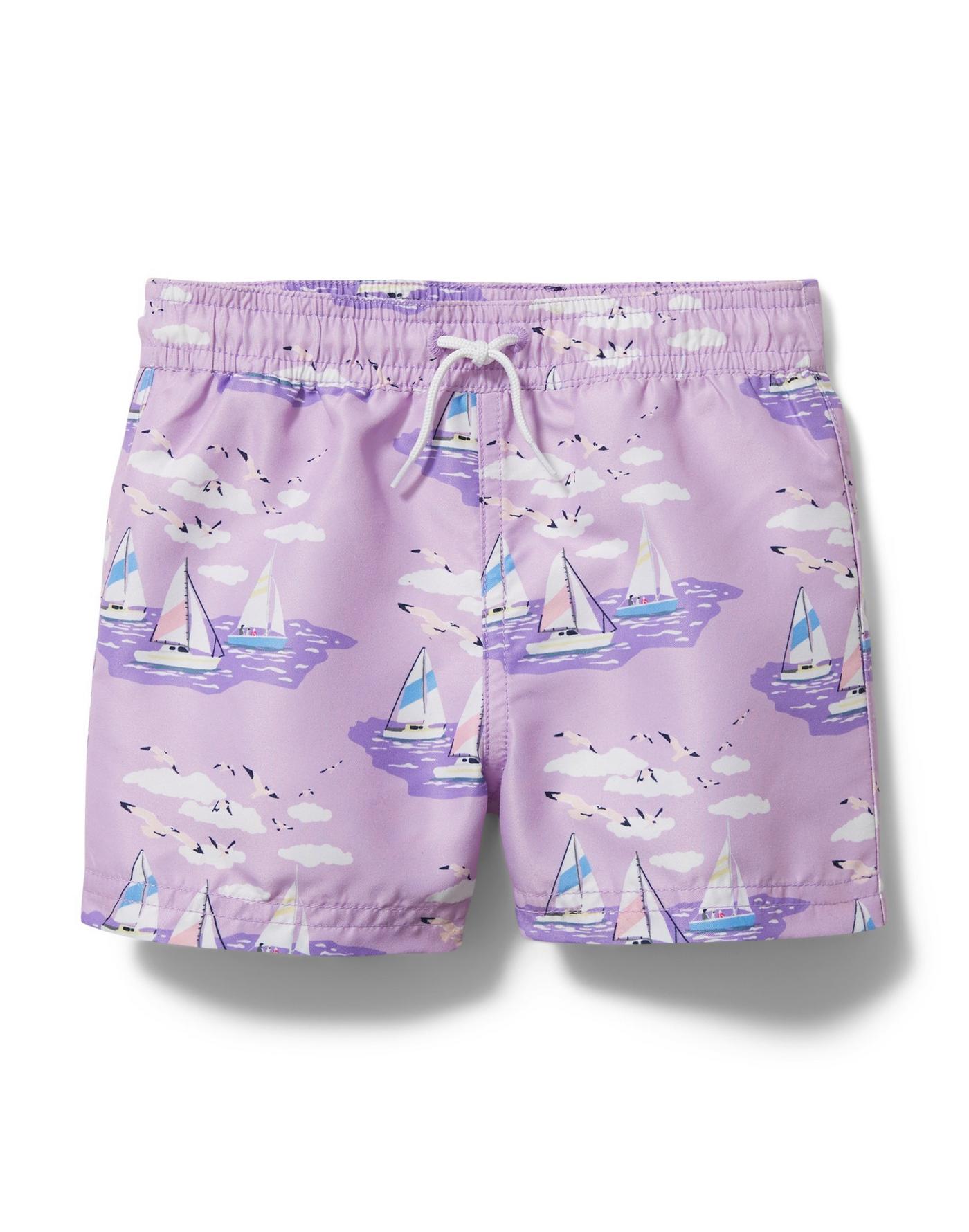 twin boy and girl matching swimsuits, purple sailboat swim trunk