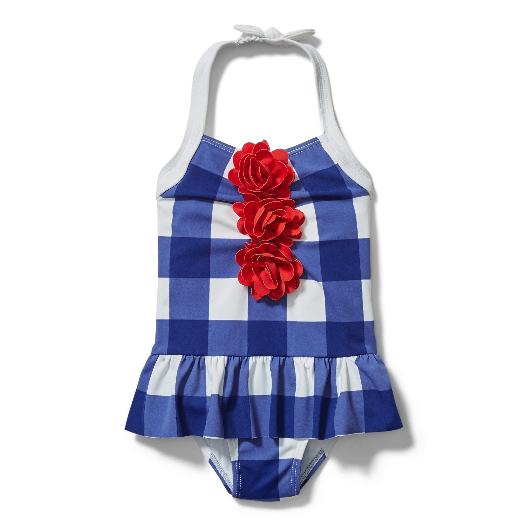 Girl Velvet Blue Gingham Embroidered Floral Gingham Swimsuit by Janie ...