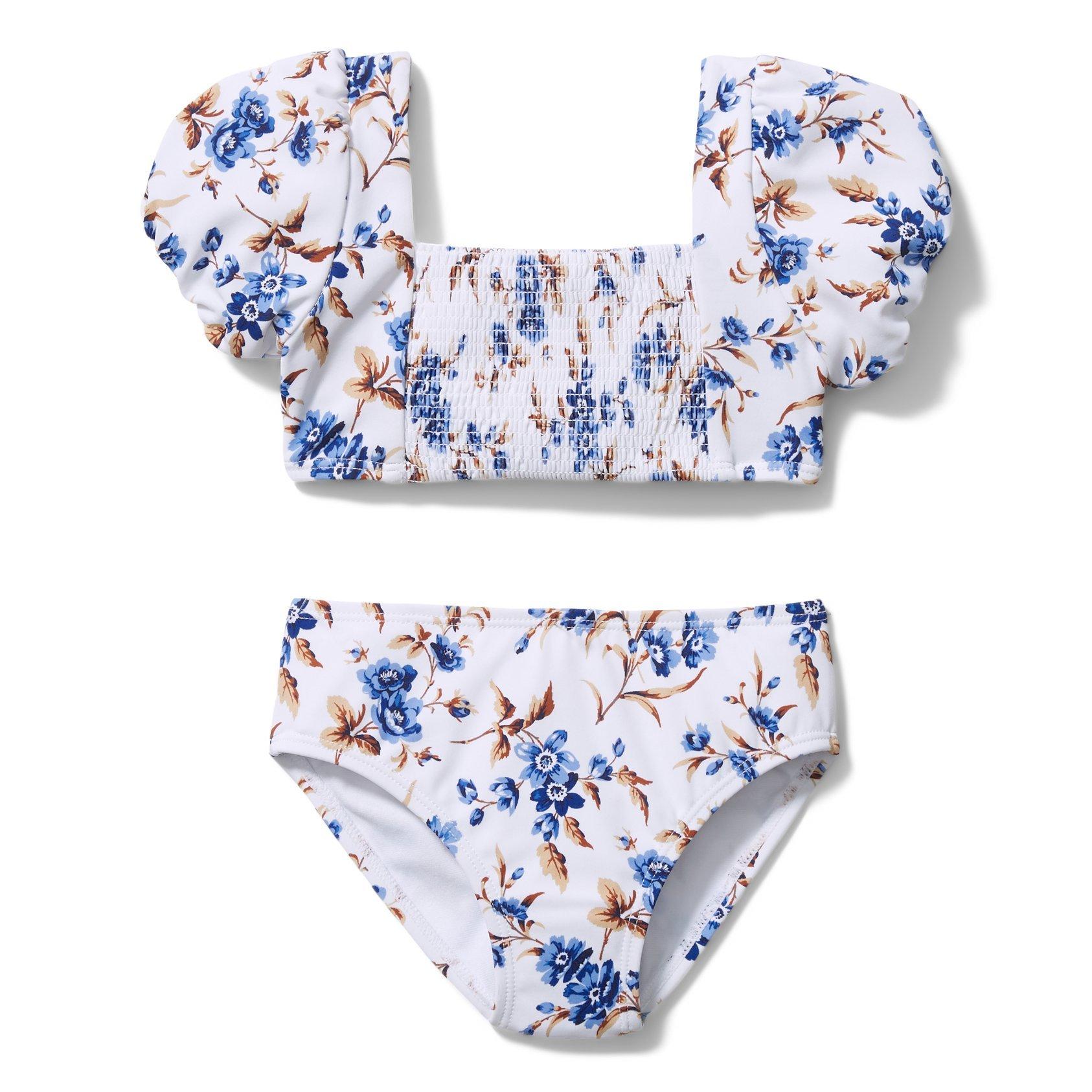 boy and girl matching swimwear, white and blue floral puff sleeve 2-piece