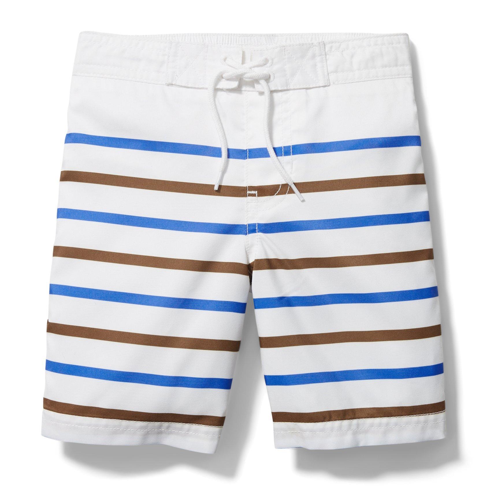 boy and girl matching swimwear, brown and blue striped swim trunks