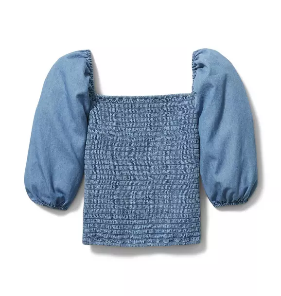 Chambray Smocked Puff Sleeve Top