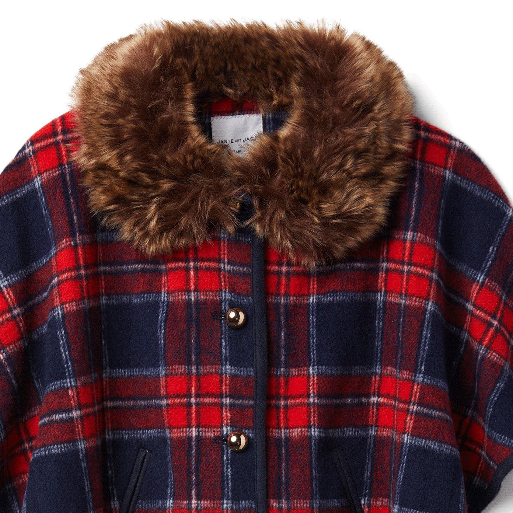 Plaid Faux Fur Collar Cape image number 2