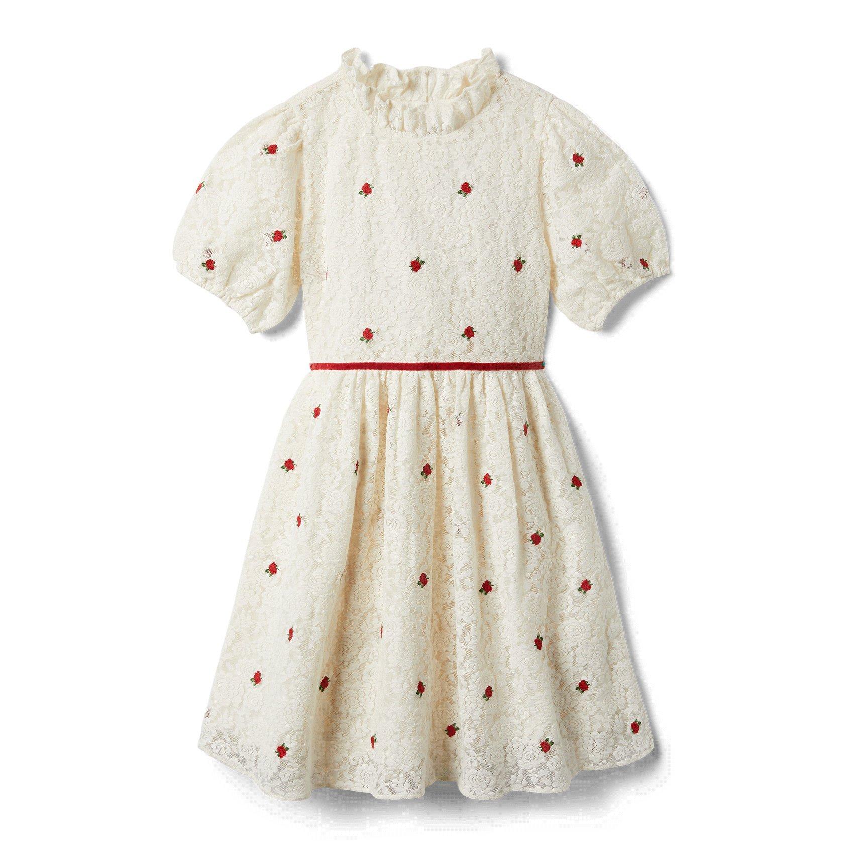 Lace Embroidered Rose Puff Sleeve Dress