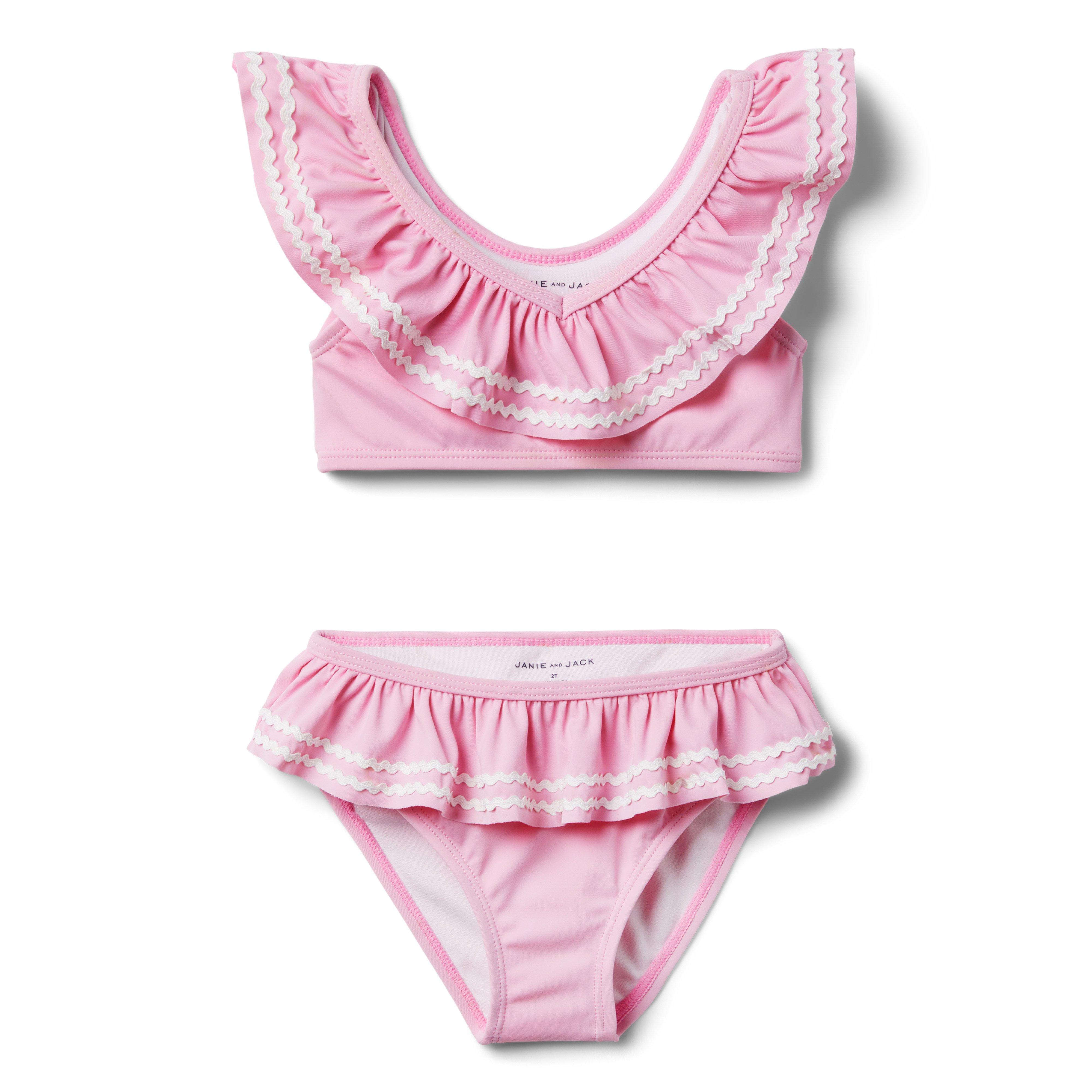 Girl Begonia Pink Ric Rac Trim Ruffle 2-Piece Swimsuit by Janie