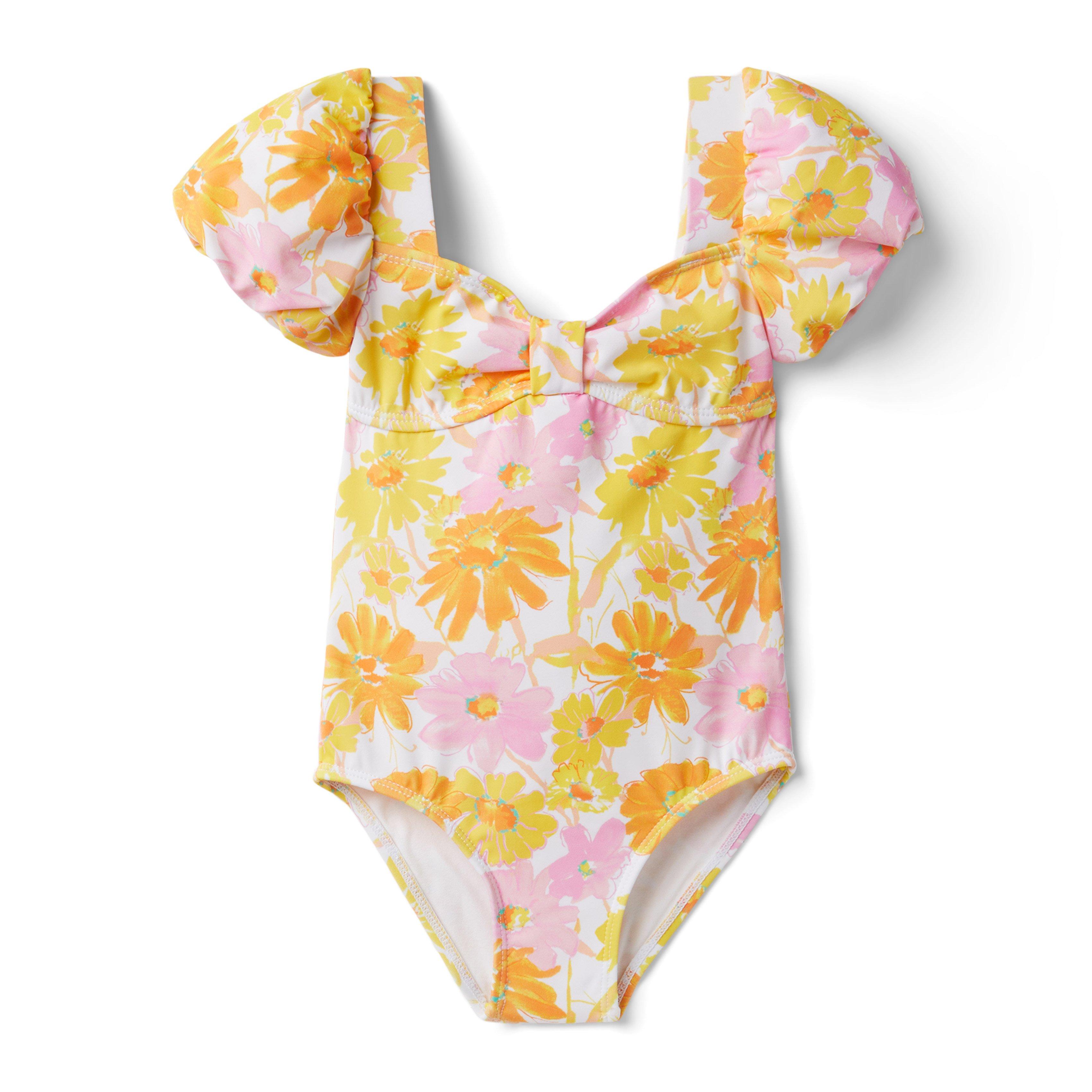 Girl Blazing Orange Floral Floral Puff Sleeve Swimsuit by Janie and Jack