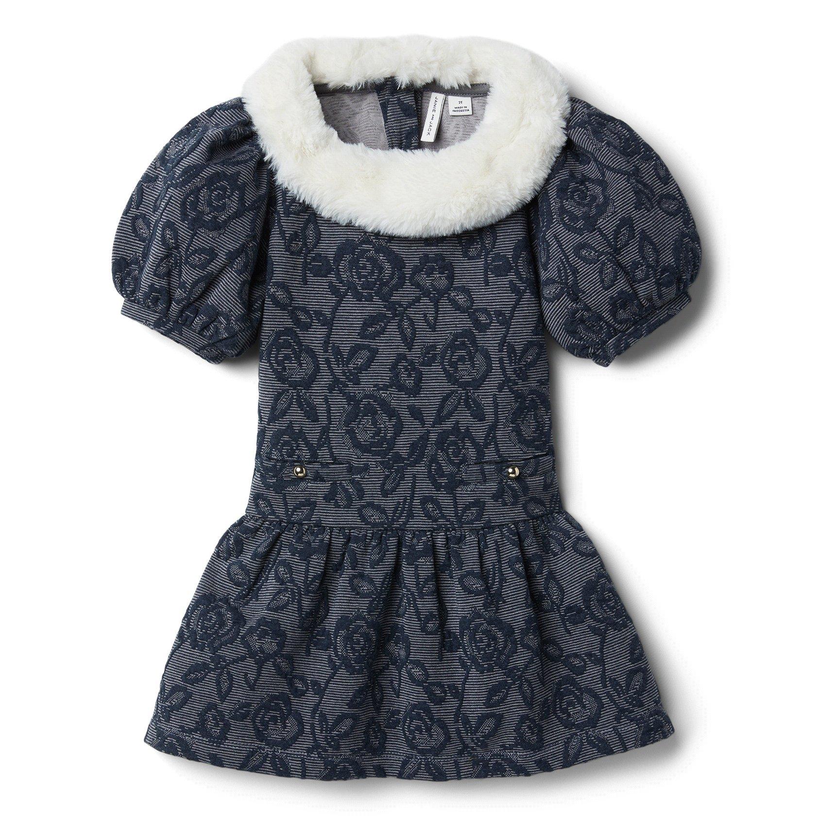Faux Fur Collar Floral Jacquard Dress image number 0