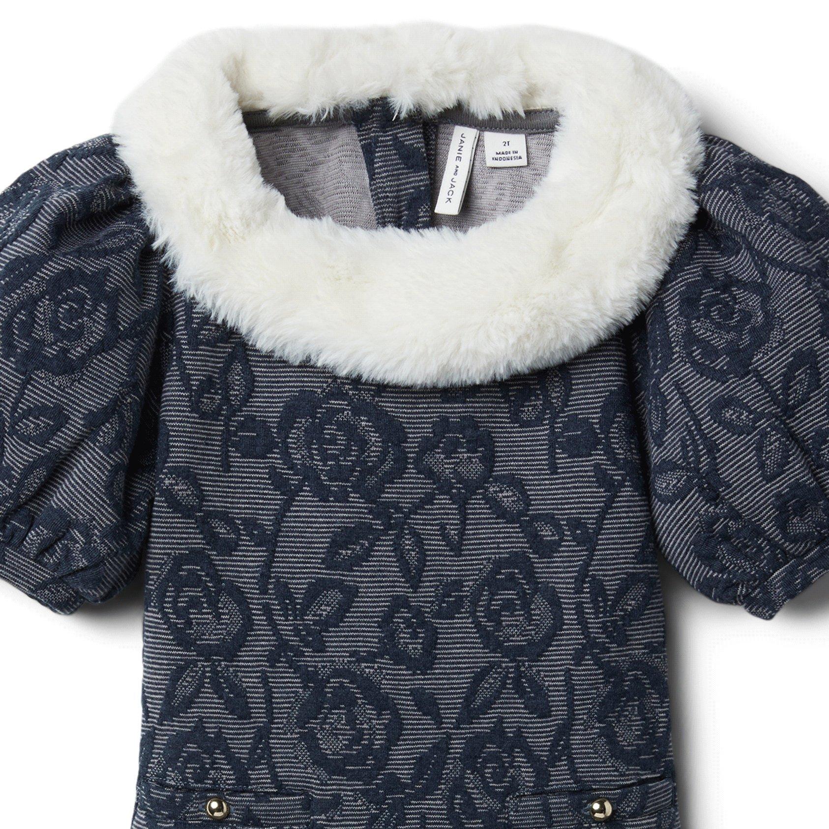 Faux Fur Collar Floral Jacquard Dress image number 2