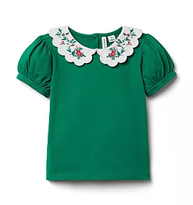Embroidered Scalloped Collar Top
