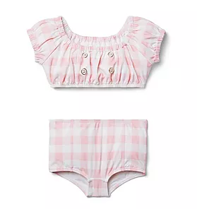 Gingham Puff Sleeve 2-Piece Swimsuit
