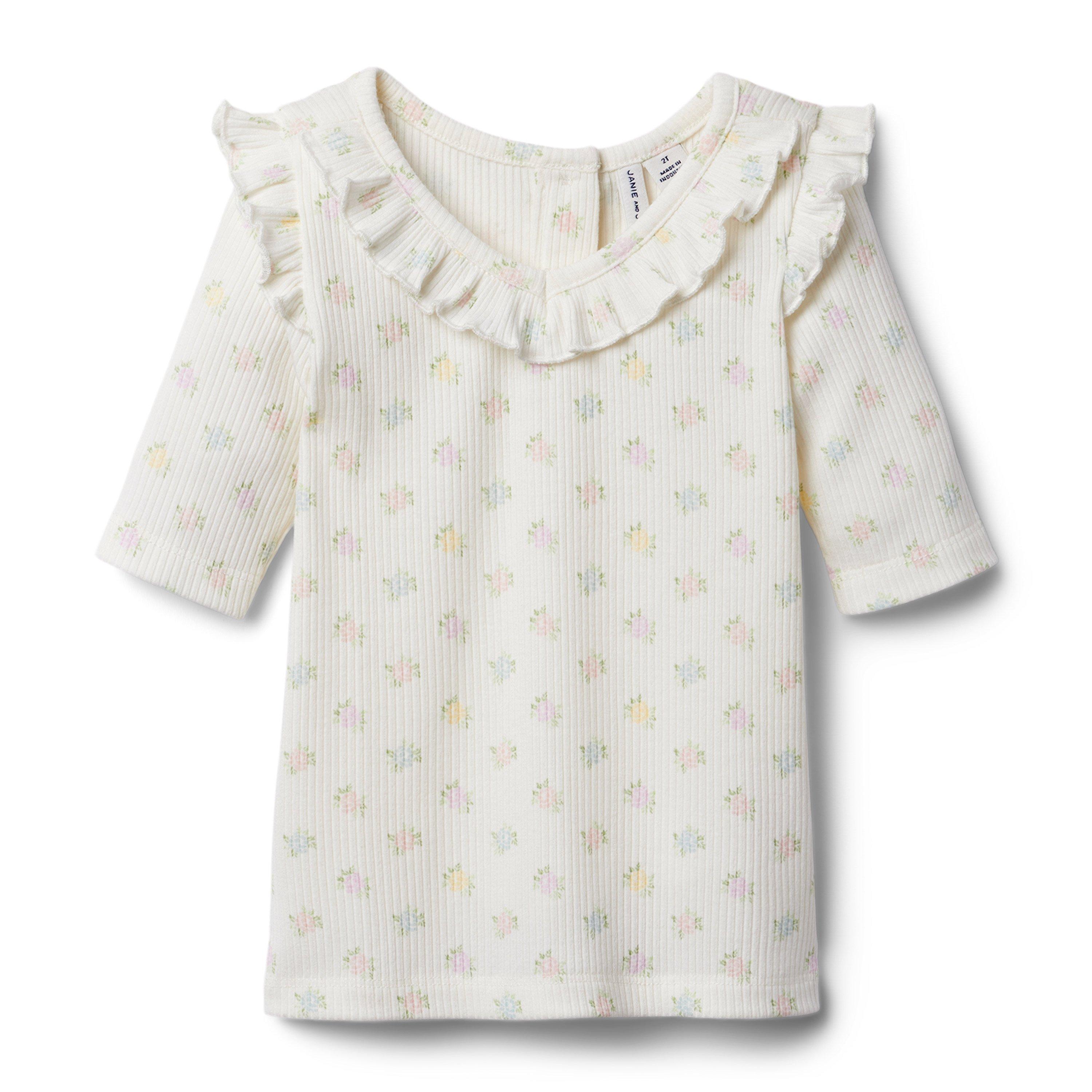 Floral Ruffle Collar Ribbed Top image number 0
