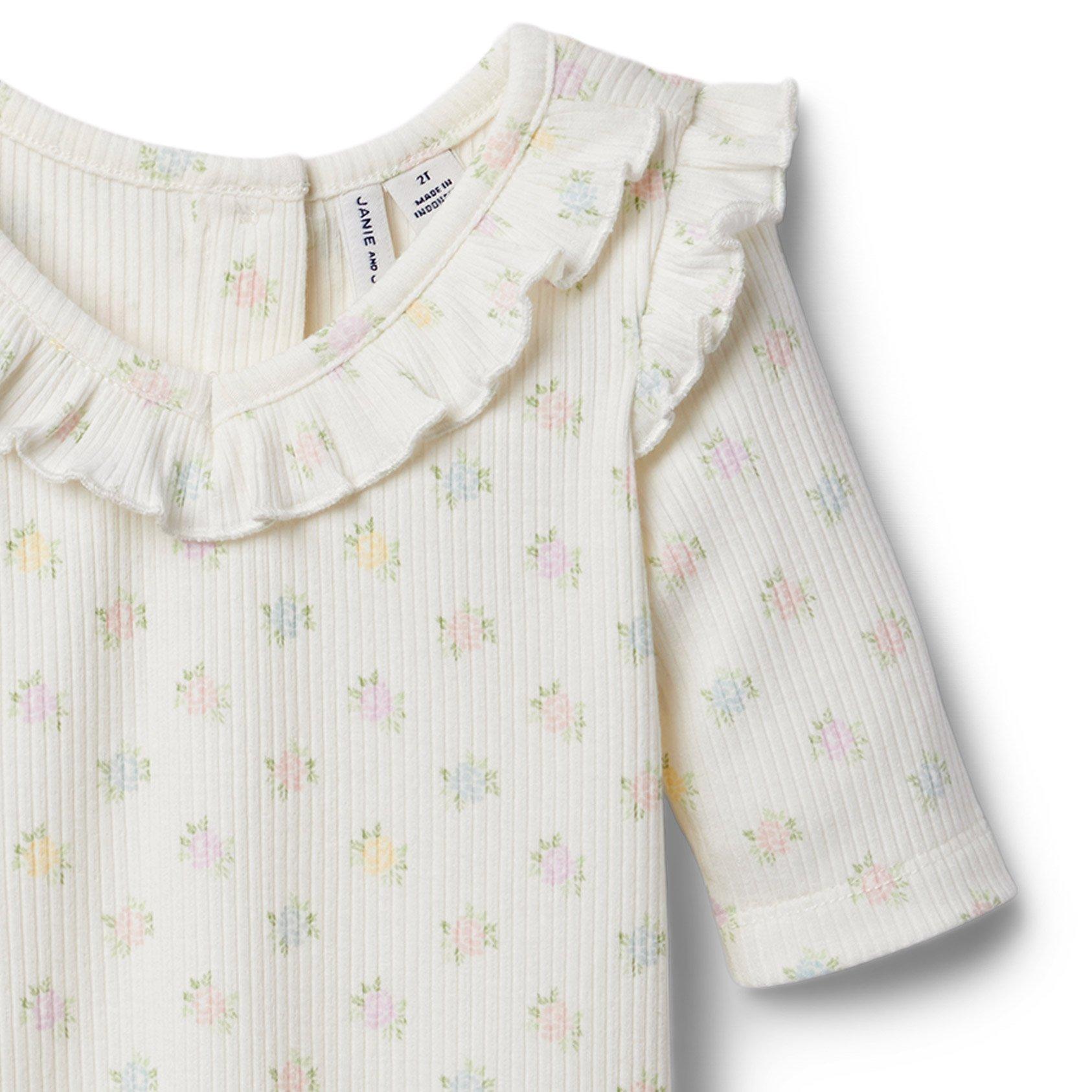 Floral Ruffle Collar Ribbed Top image number 2