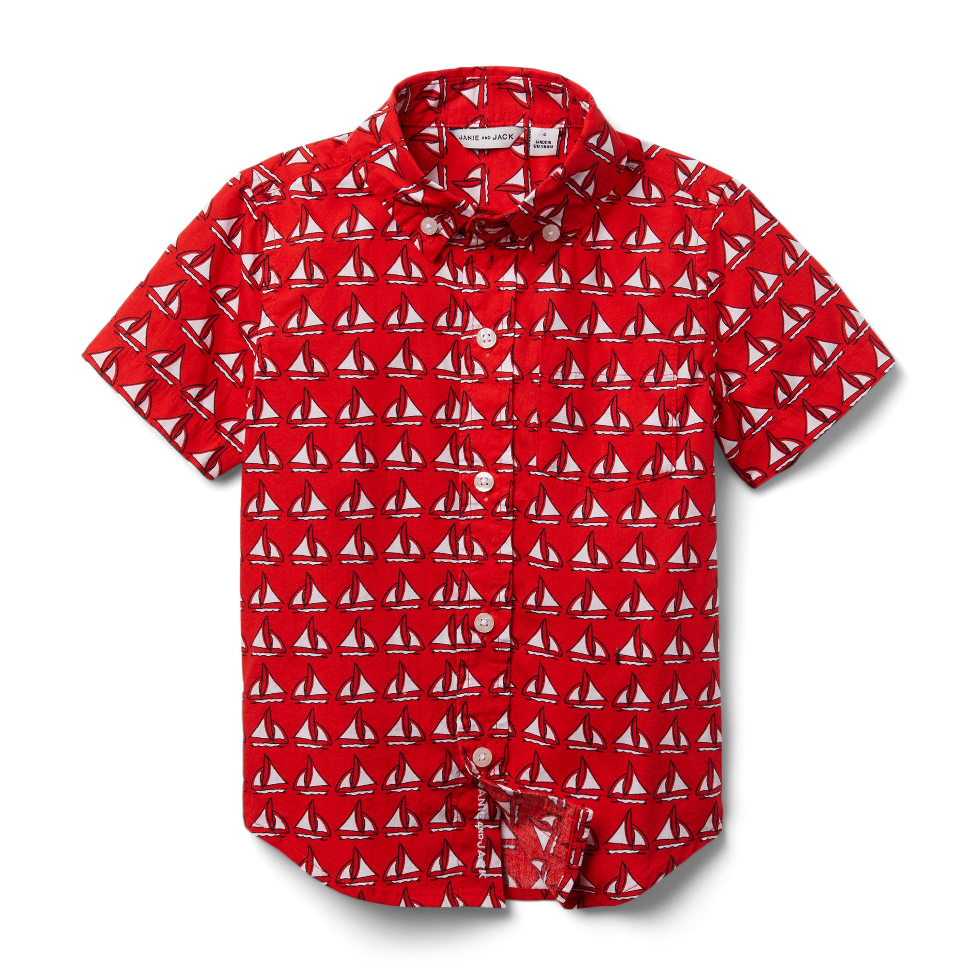 Boy Moto Red Sailboat Print Sailboat Poplin Shirt by Janie and Jack