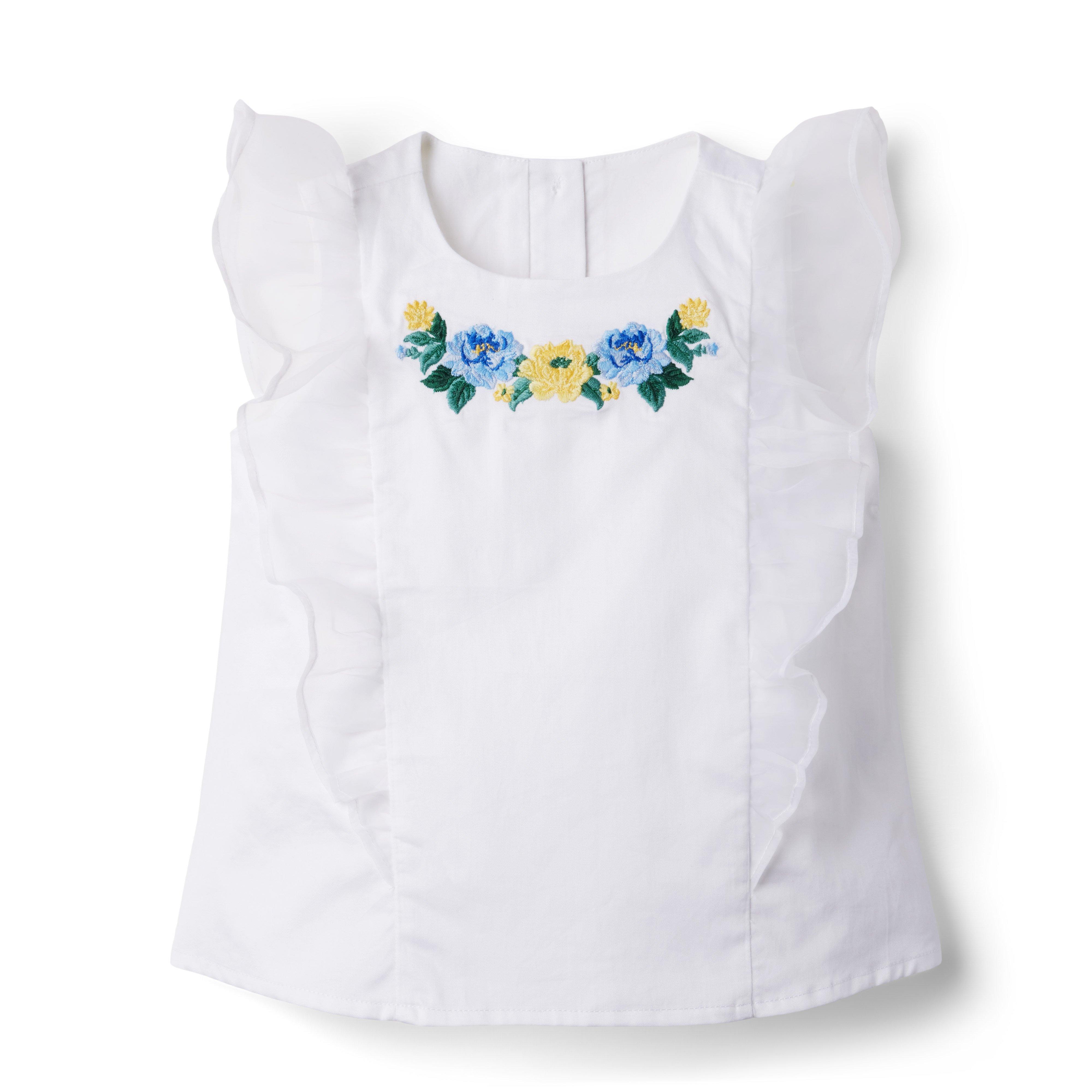 WHITE RUFFLE EMBROIDERED COLLAR TOP