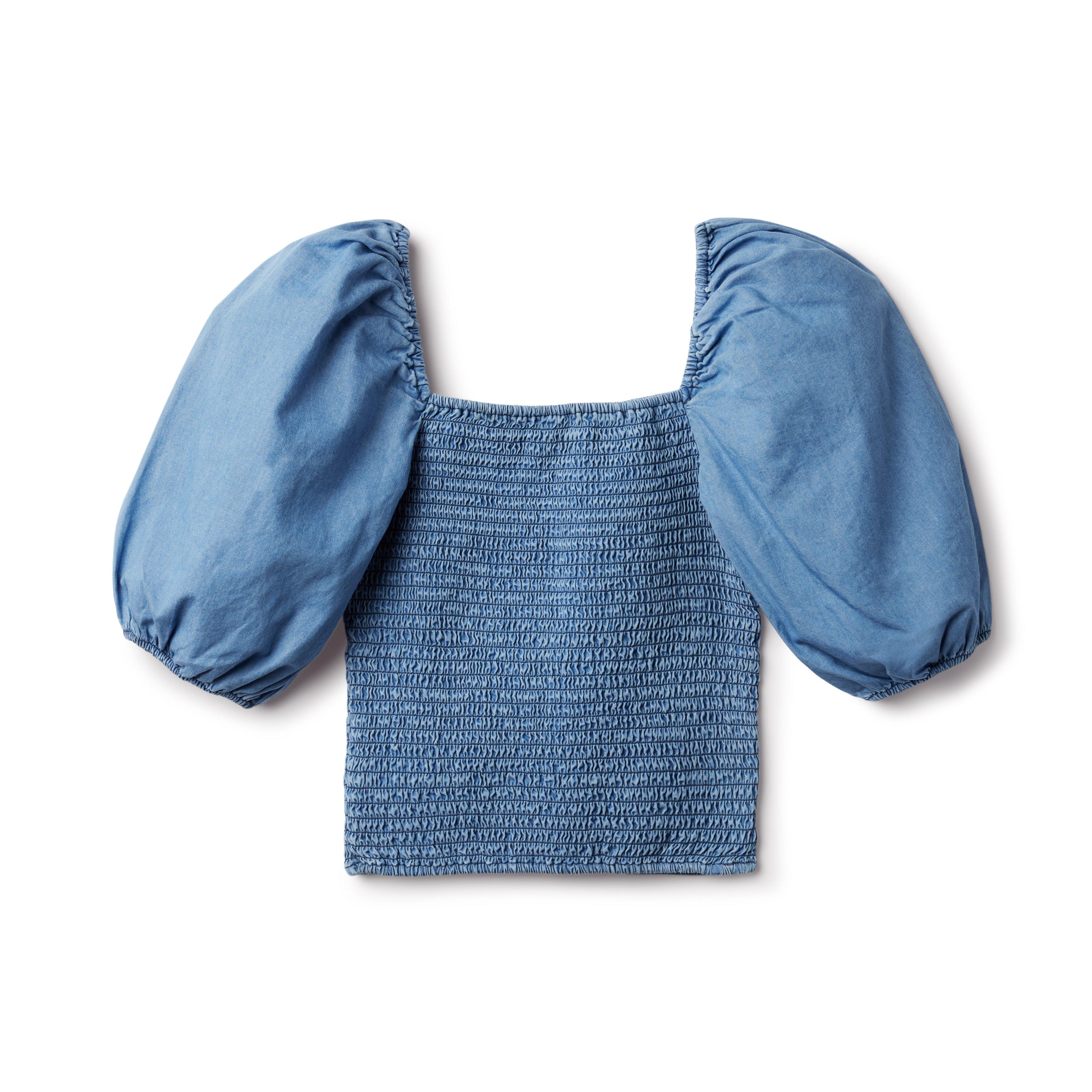 Chambray Smocked Cropped Puff Sleeve Top image number 0