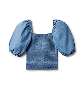 Chambray Smocked Cropped Puff Sleeve Top
