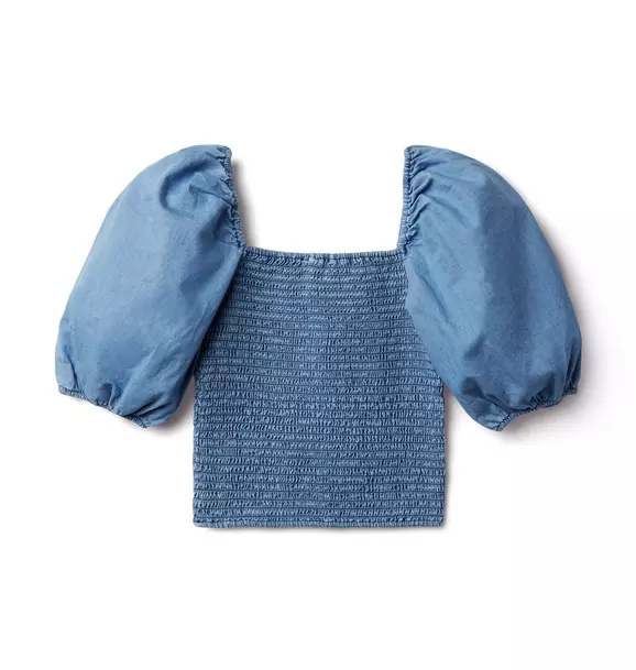 Chambray Smocked Cropped Puff Sleeve Top image number 1