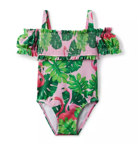 Tropical Flamingo Cold Shoulder Smocked Swimsuit