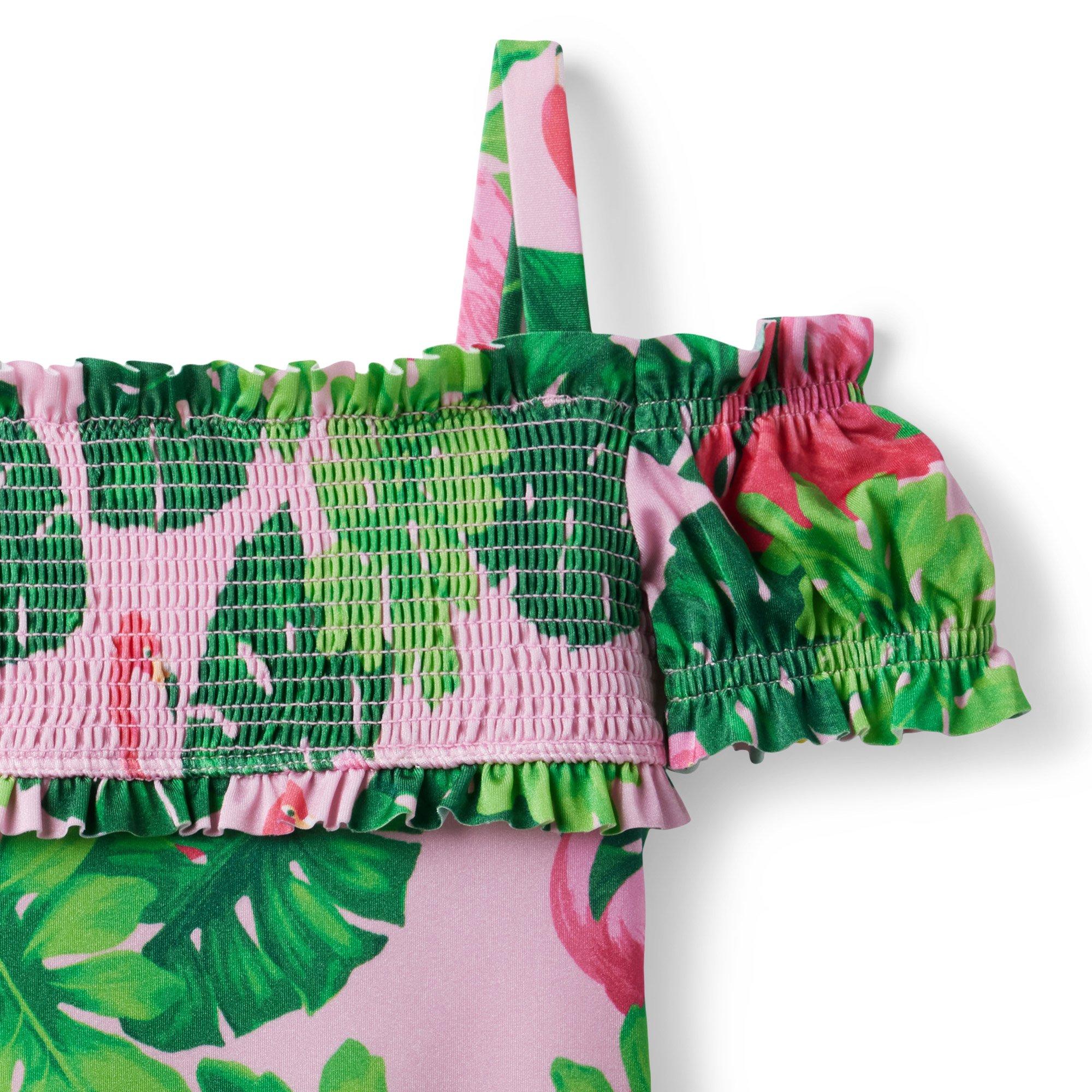 Tropical Flamingo Cold Shoulder Smocked Swimsuit image number 2