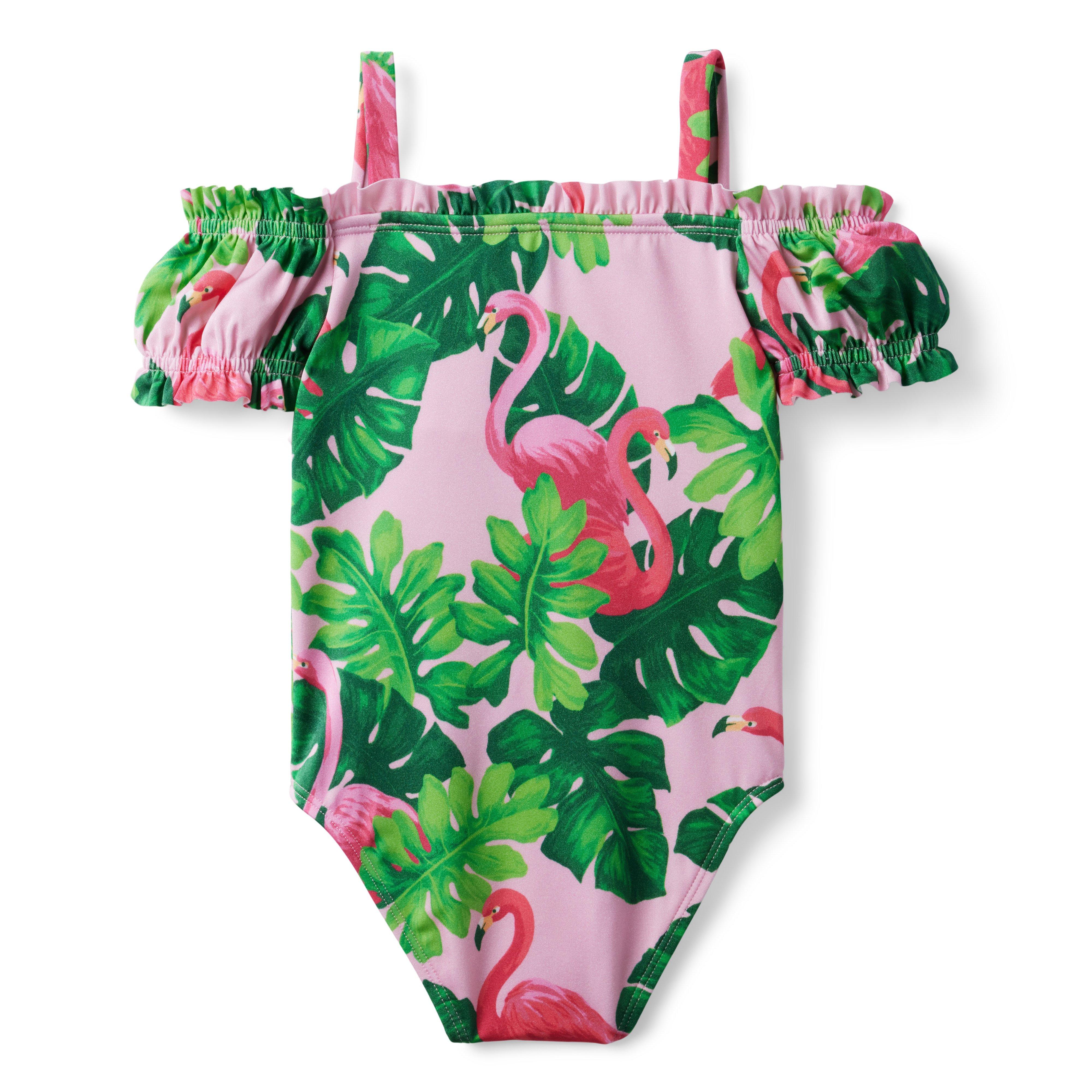 Tropical Flamingo Cold Shoulder Smocked Swimsuit image number 1