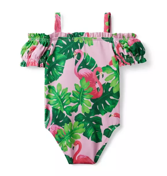 Tropical Flamingo Cold Shoulder Smocked Swimsuit image number 1