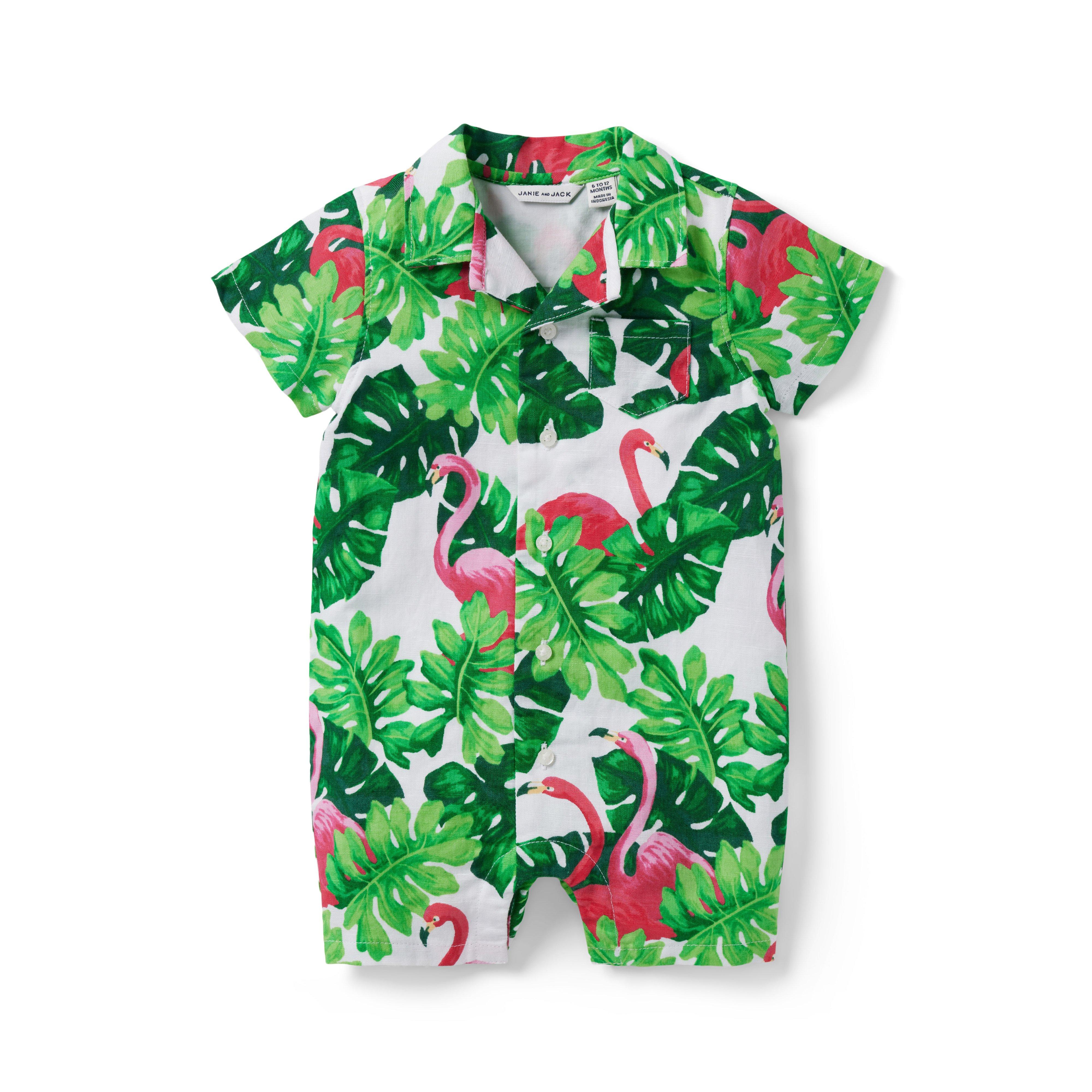 Baby Tropical Flamingo Linen Romper image number 0