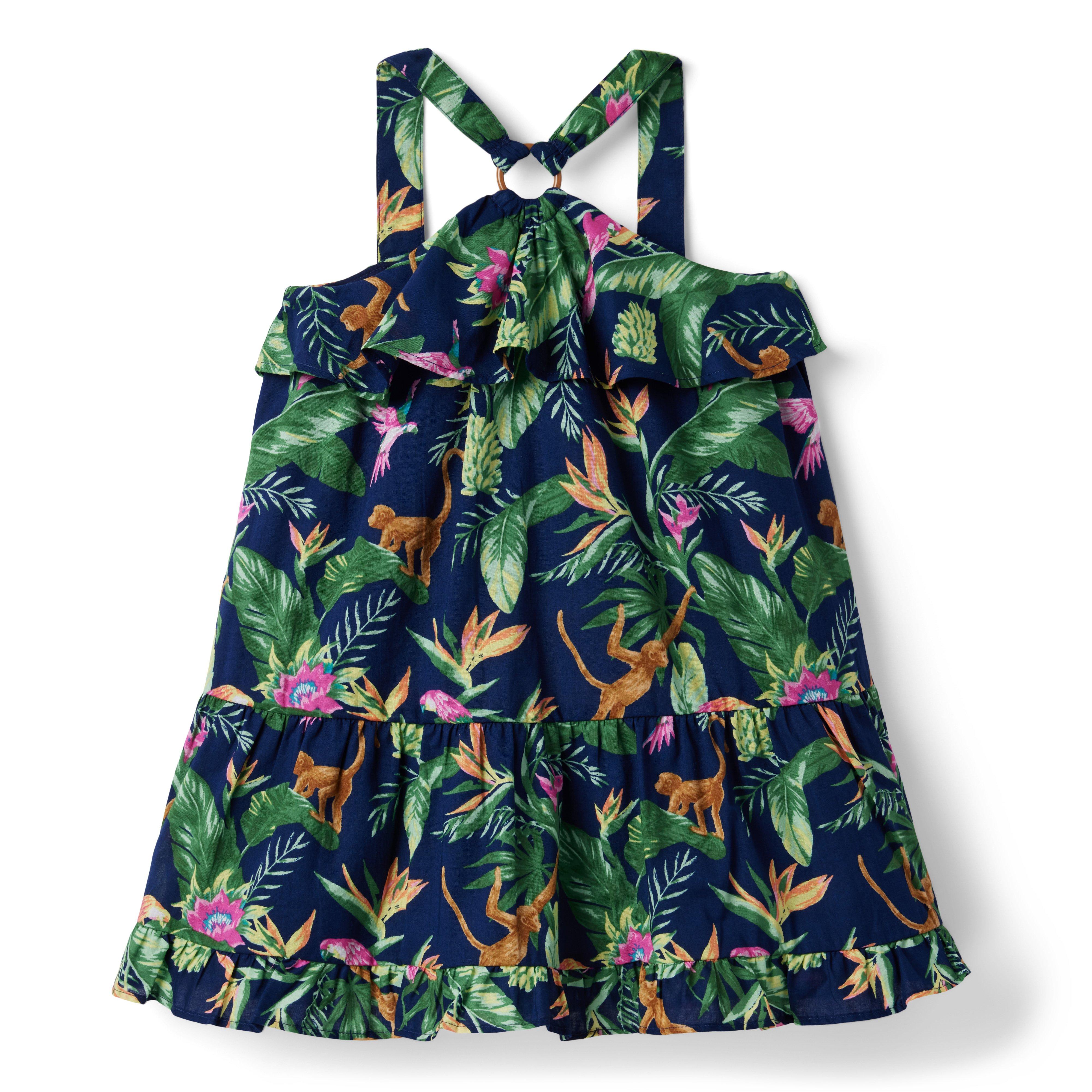 Collections Medieval Blue Tropical Jungle Print Tropical Jungle Ruffle  Halter Sundress by Janie and Jack
