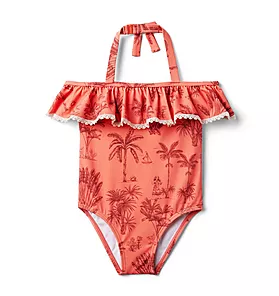 Janie and Jack Disney Moana Palm Toile Cold Shoulder Swimsuit