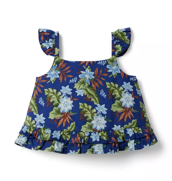 Tropical Floral Ruffle Strap Cropped Top