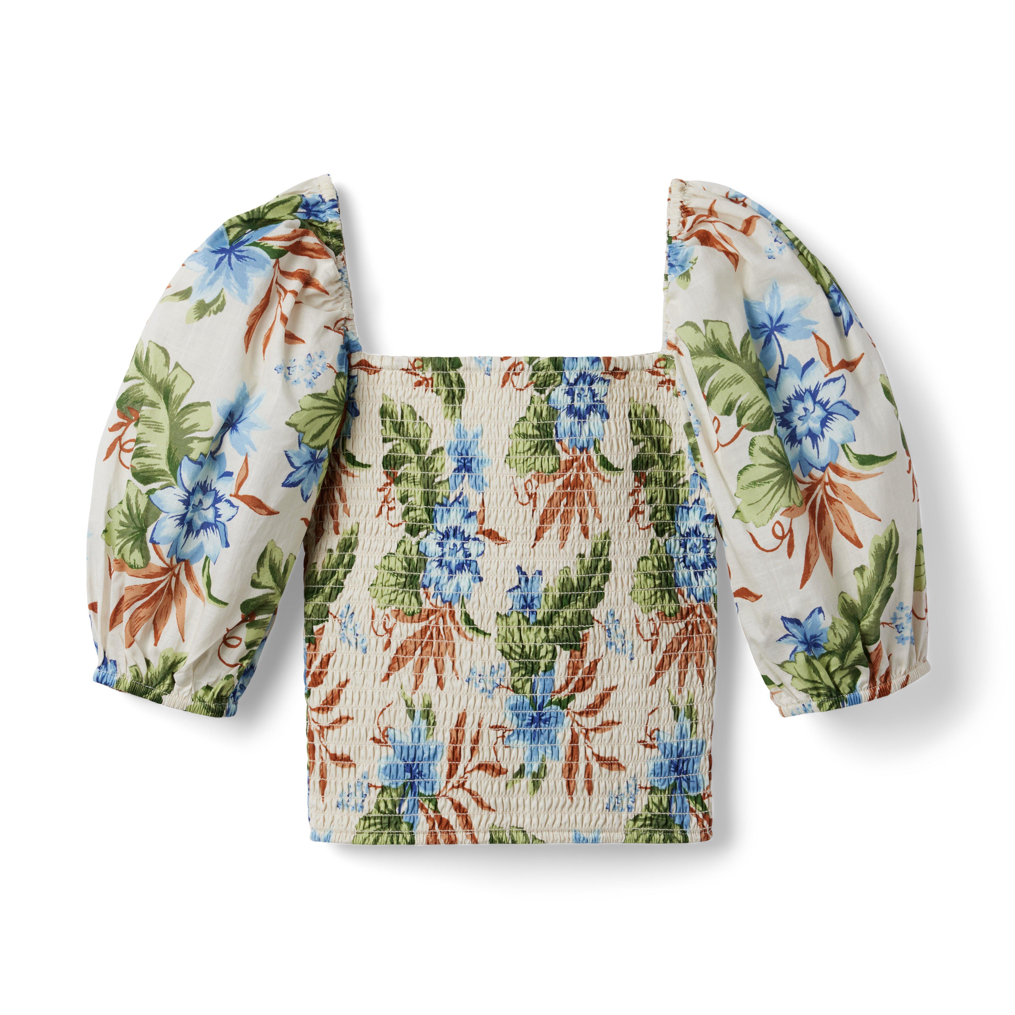 Tropical Floral Smocked Cropped Puff Sleeve Top image number 0