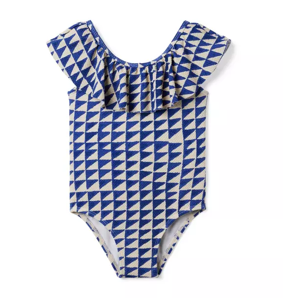 Tile Print Textured Ruffle Swimsuit