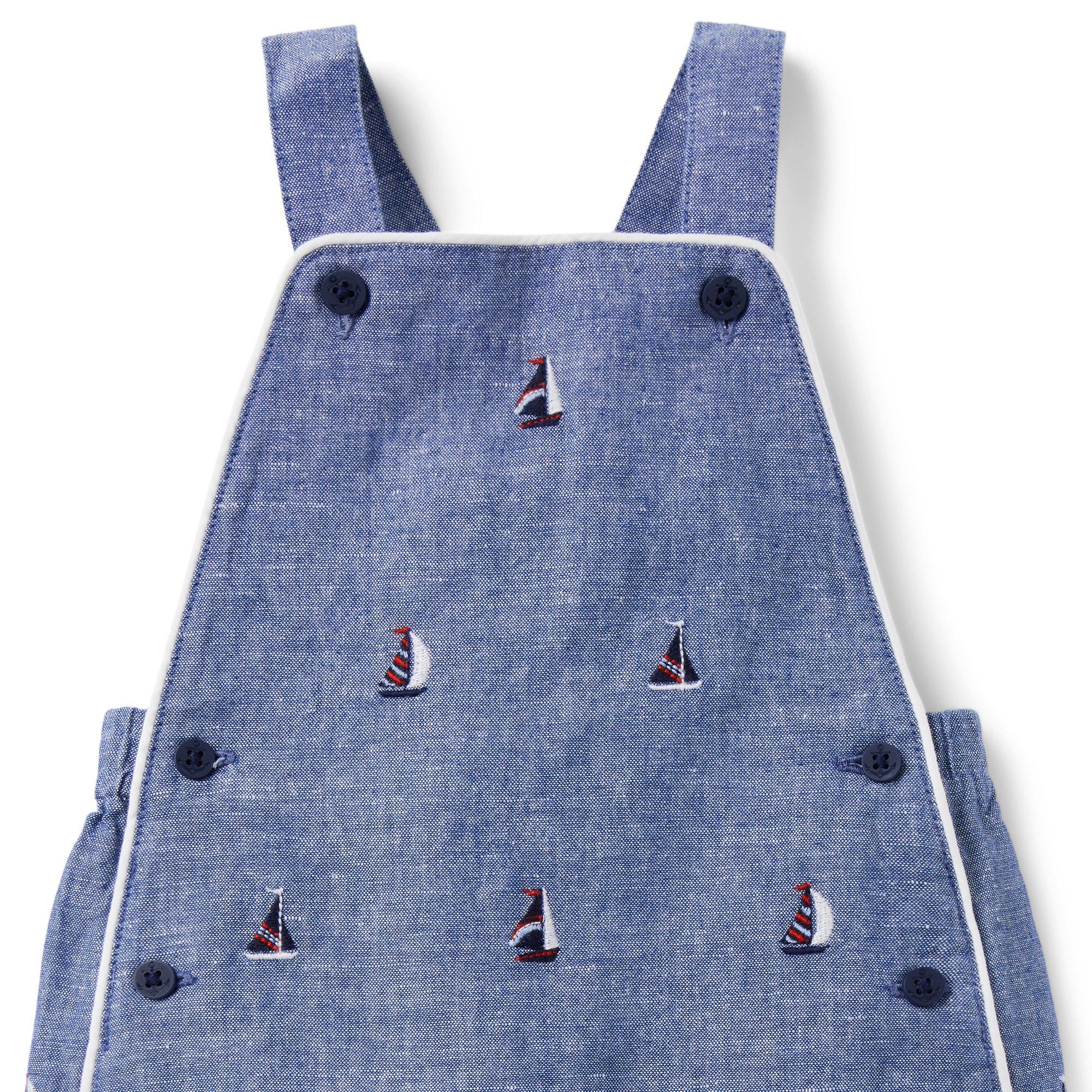 Baby Embroidered Sailboat Linen Overall image number 2