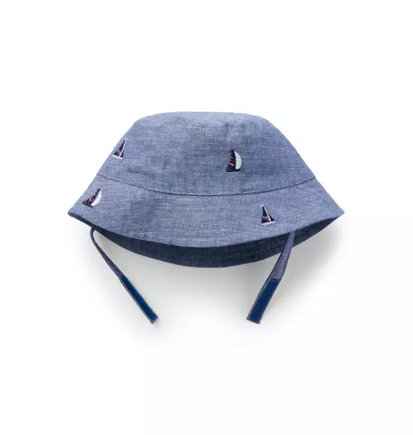 Baby Embroidered Sailboat Linen Bucket Hat