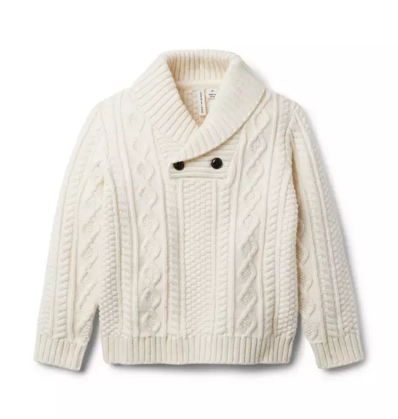 Boy Antique White Cable Knit Shawl Collar Sweater by Janie and Jack
