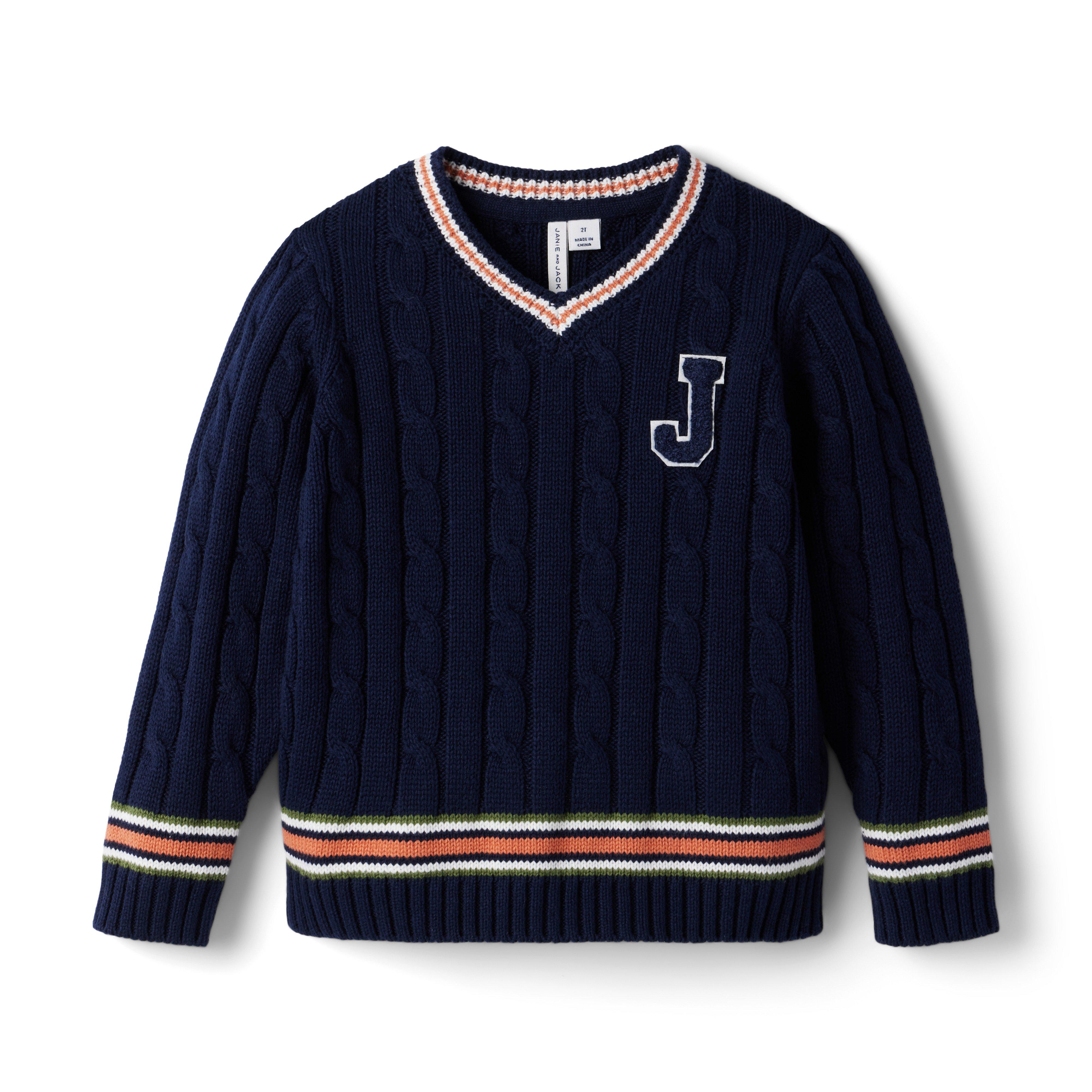 Boy Connor Navy Cable Knit Varsity Sweater by Janie and Jack