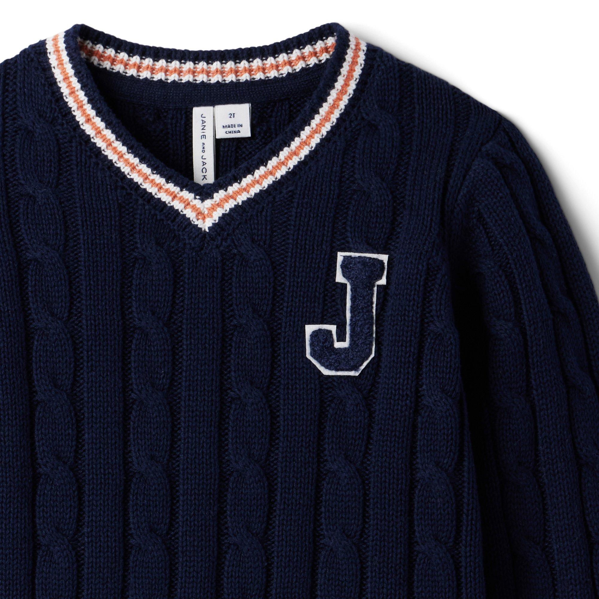 Boy Connor Navy Cable Knit Varsity Sweater by Janie and Jack