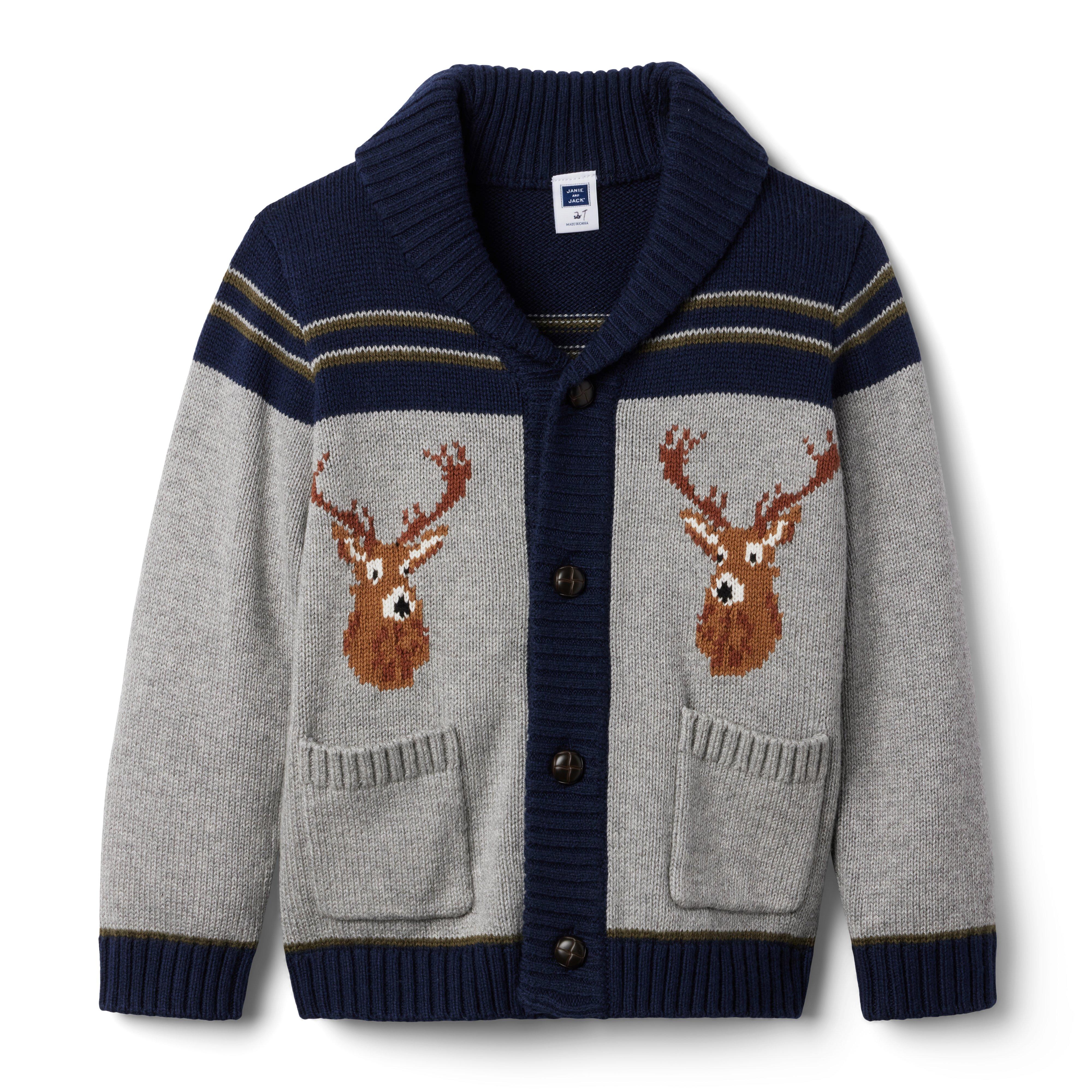 Boy Classic Grey Heather Reindeer Shawl Collar Cardigan by Janie