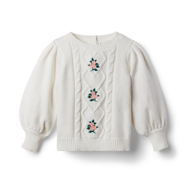 Embroidered Cable Knit Sweater - Ivory/Floral Embroidery