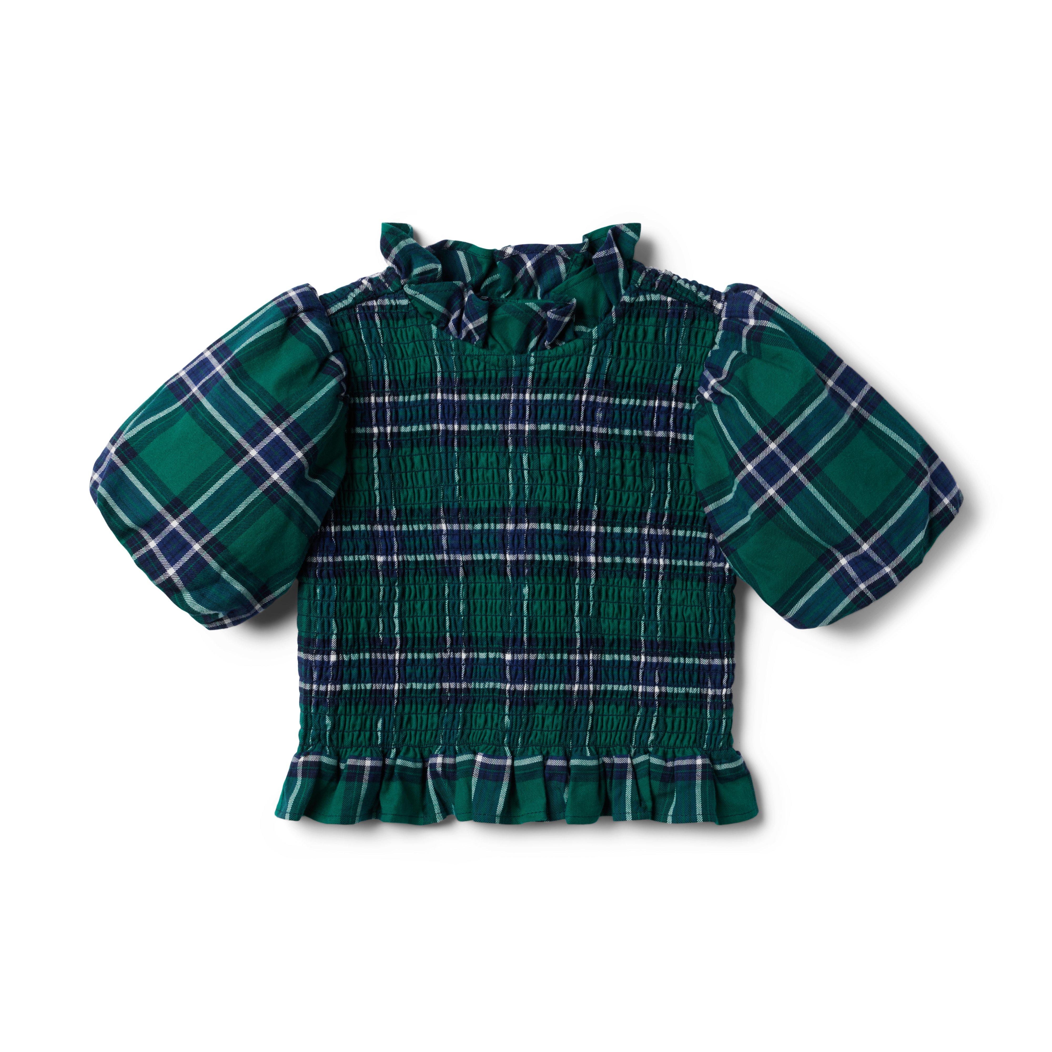 Plaid Smocked Balloon Sleeve Cropped Top image number 0