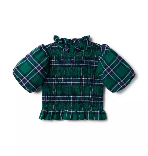 Plaid Smocked Balloon Sleeve Cropped Top