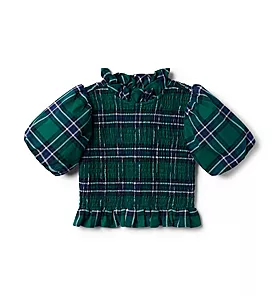 Plaid Smocked Balloon Sleeve Cropped Top
