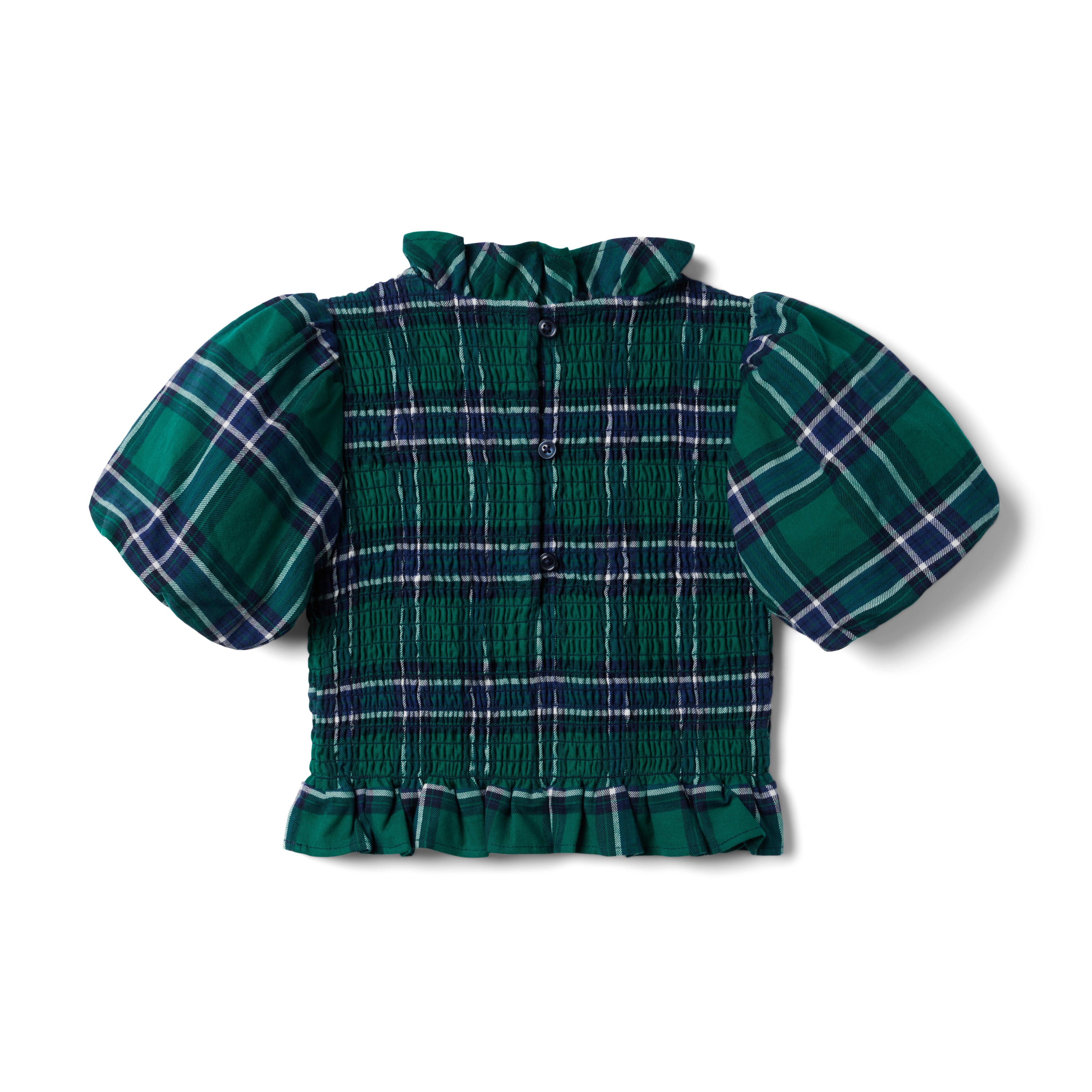 Plaid Smocked Balloon Sleeve Cropped Top image number 1