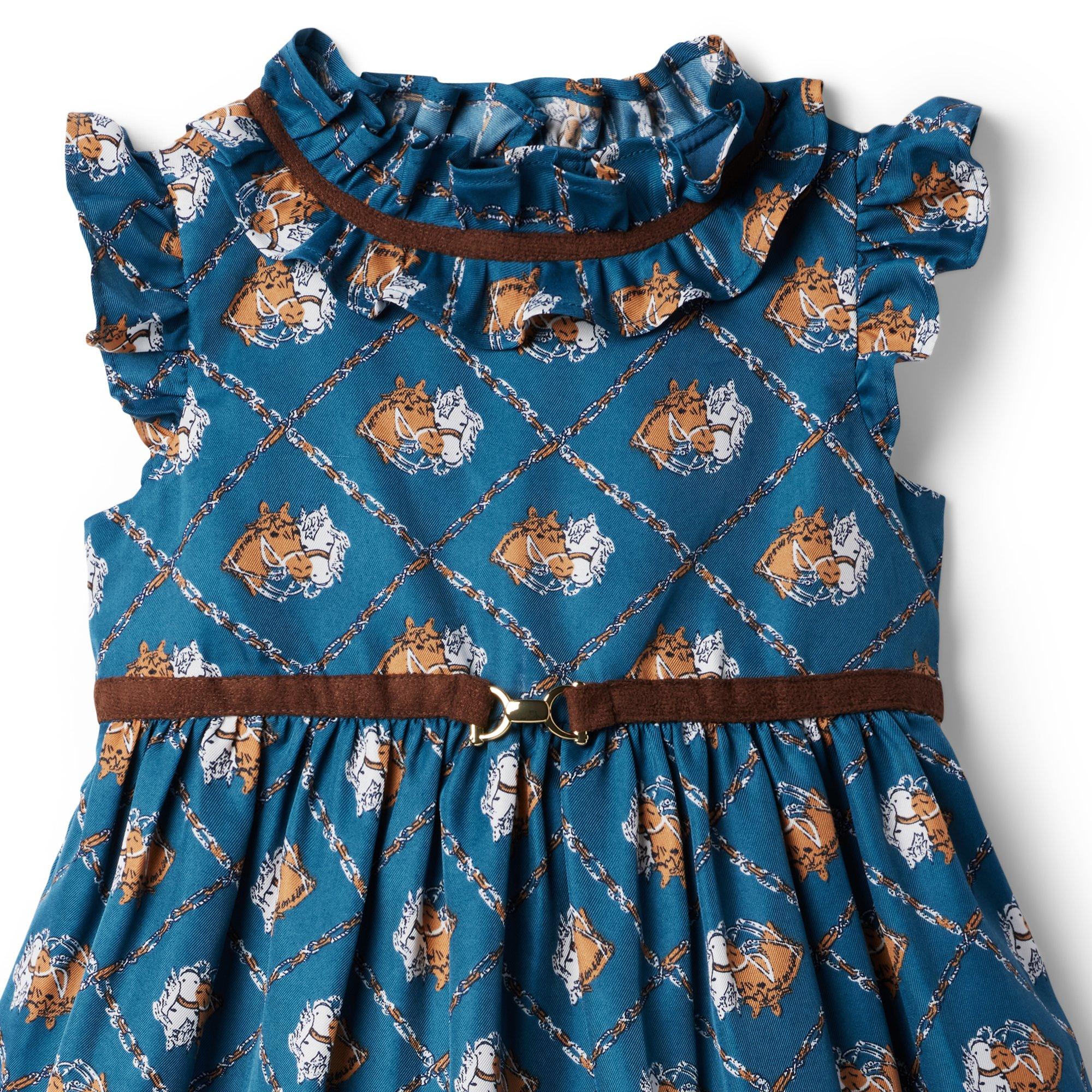 Girl Tanner Teal Horse Print Horse Ruffle Collar Dress by Janie and Jack