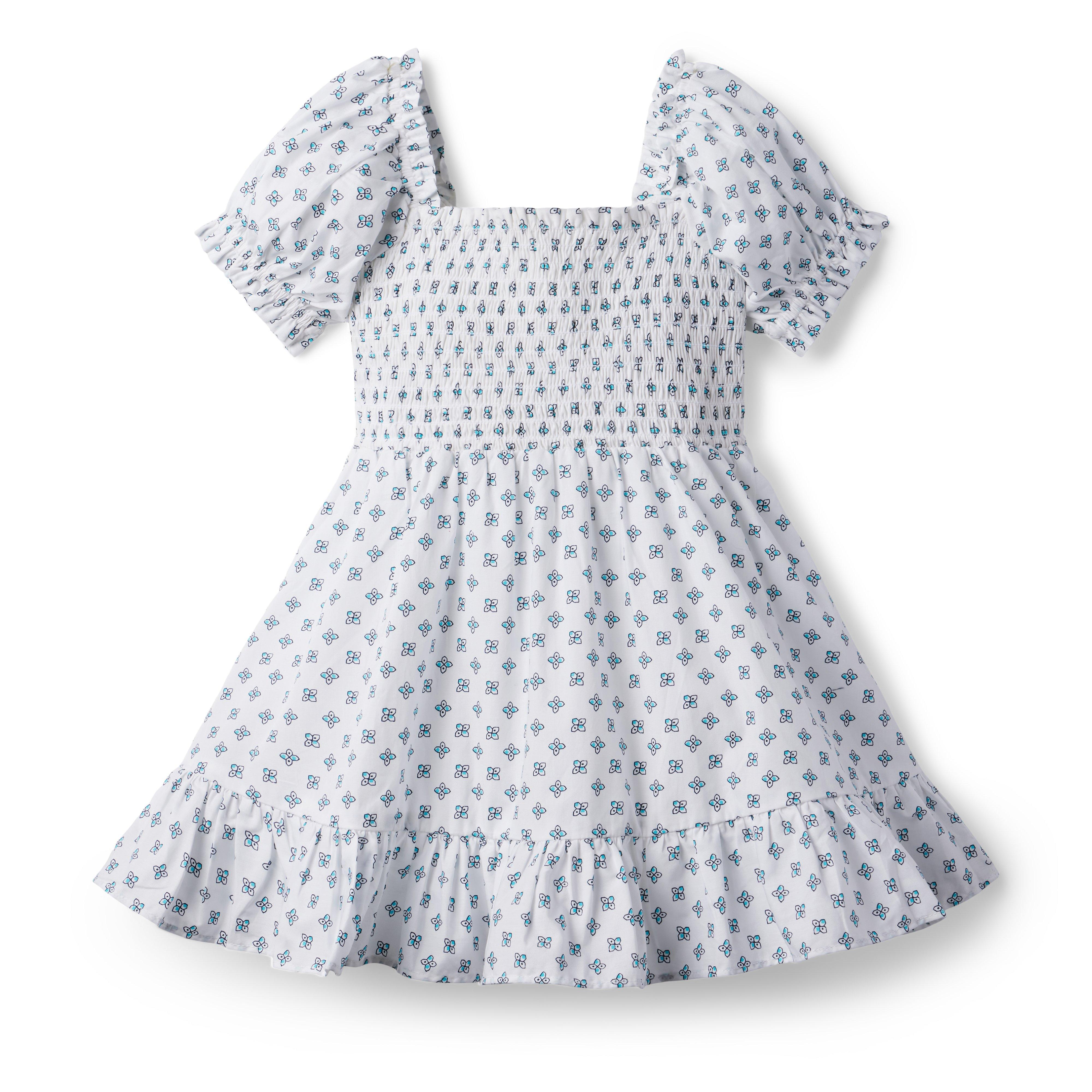 Girl White Geo Floral Geo Floral Smocked Puff Sleeve Dress