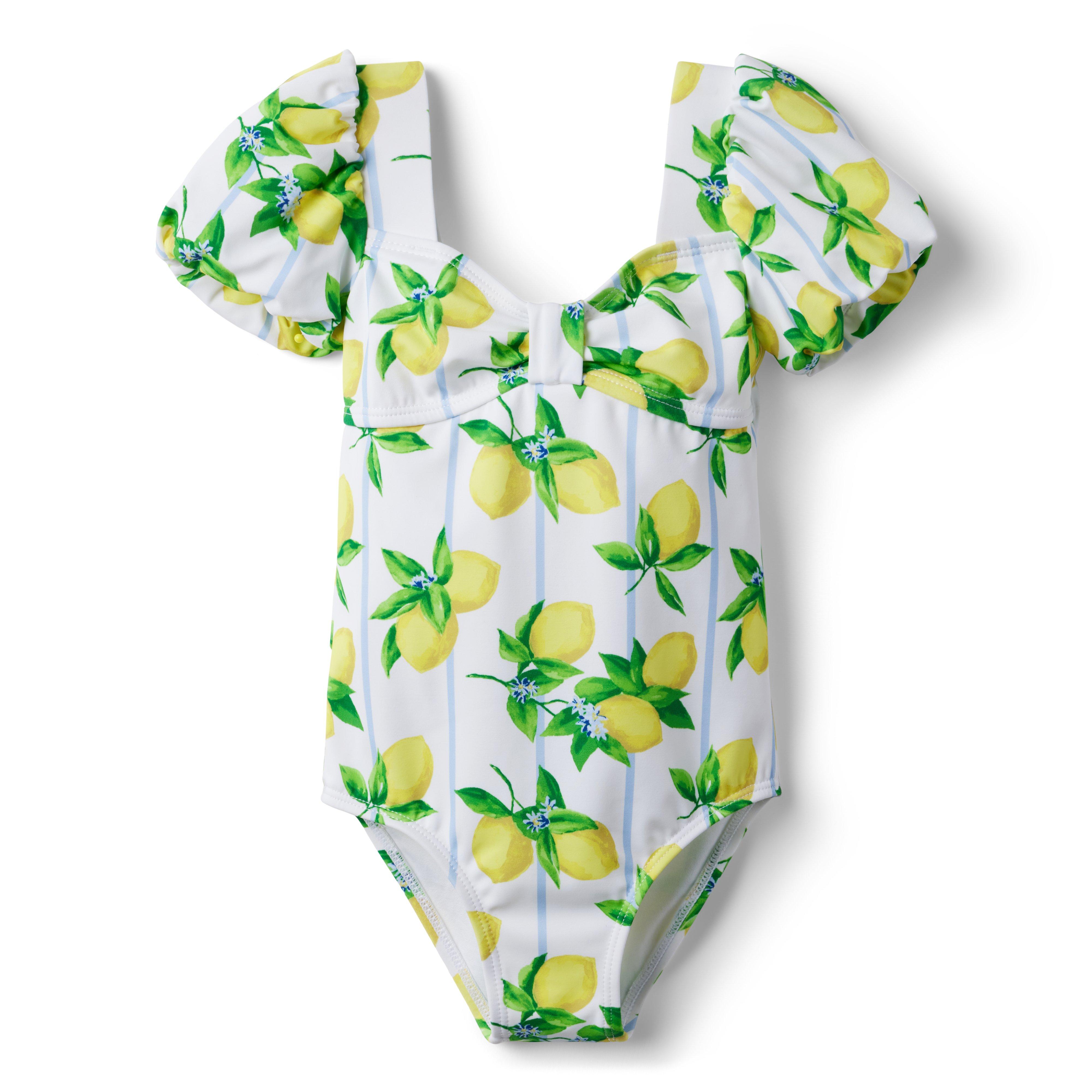Lemon Stripe Puff Sleeve Swimsuit image number 0