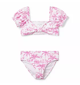 Recycled Flamingo Toile Puff Sleeve 2-Piece Swimsuit