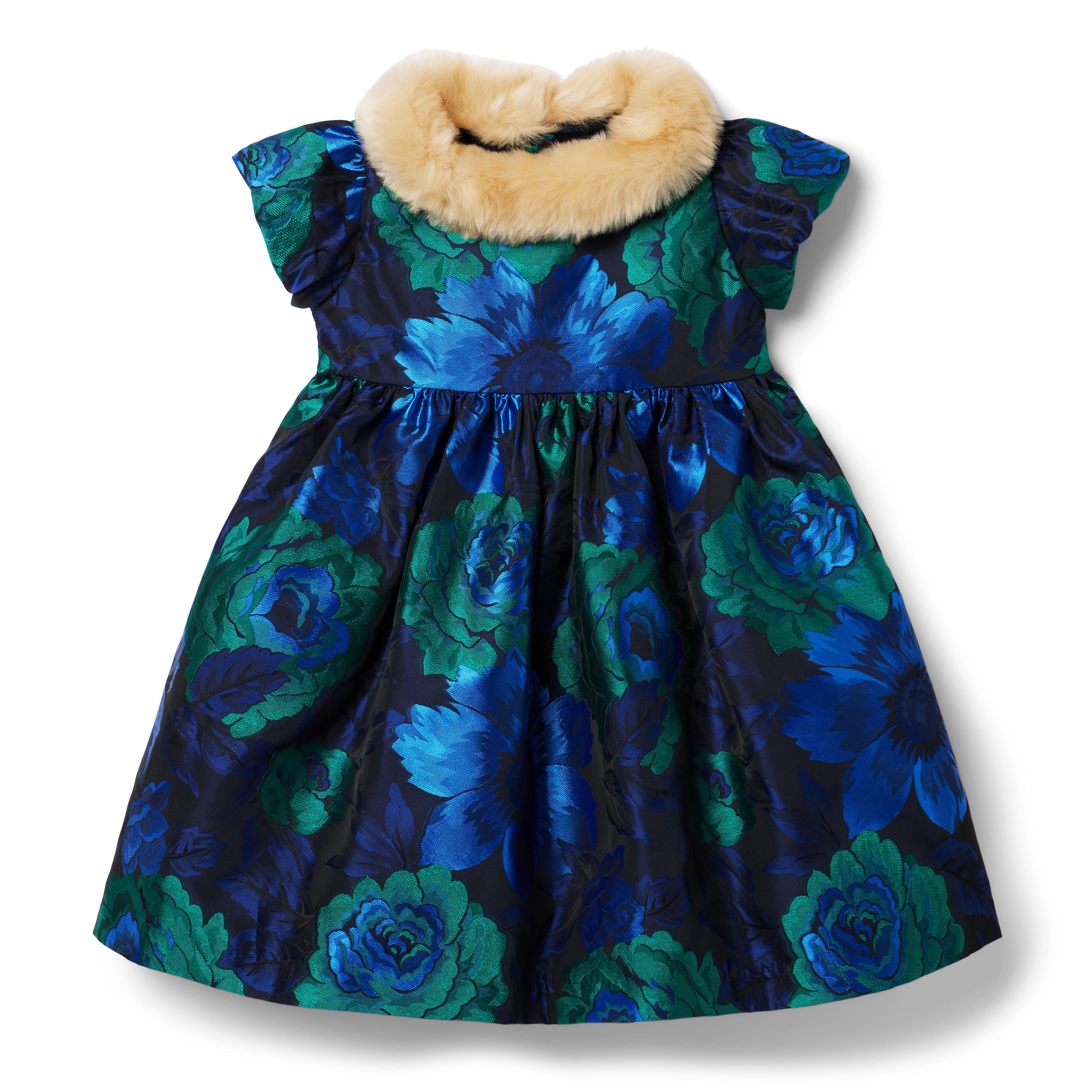 Girl Dark Marine Floral Floral Jacquard Faux Fur Collar Dress by